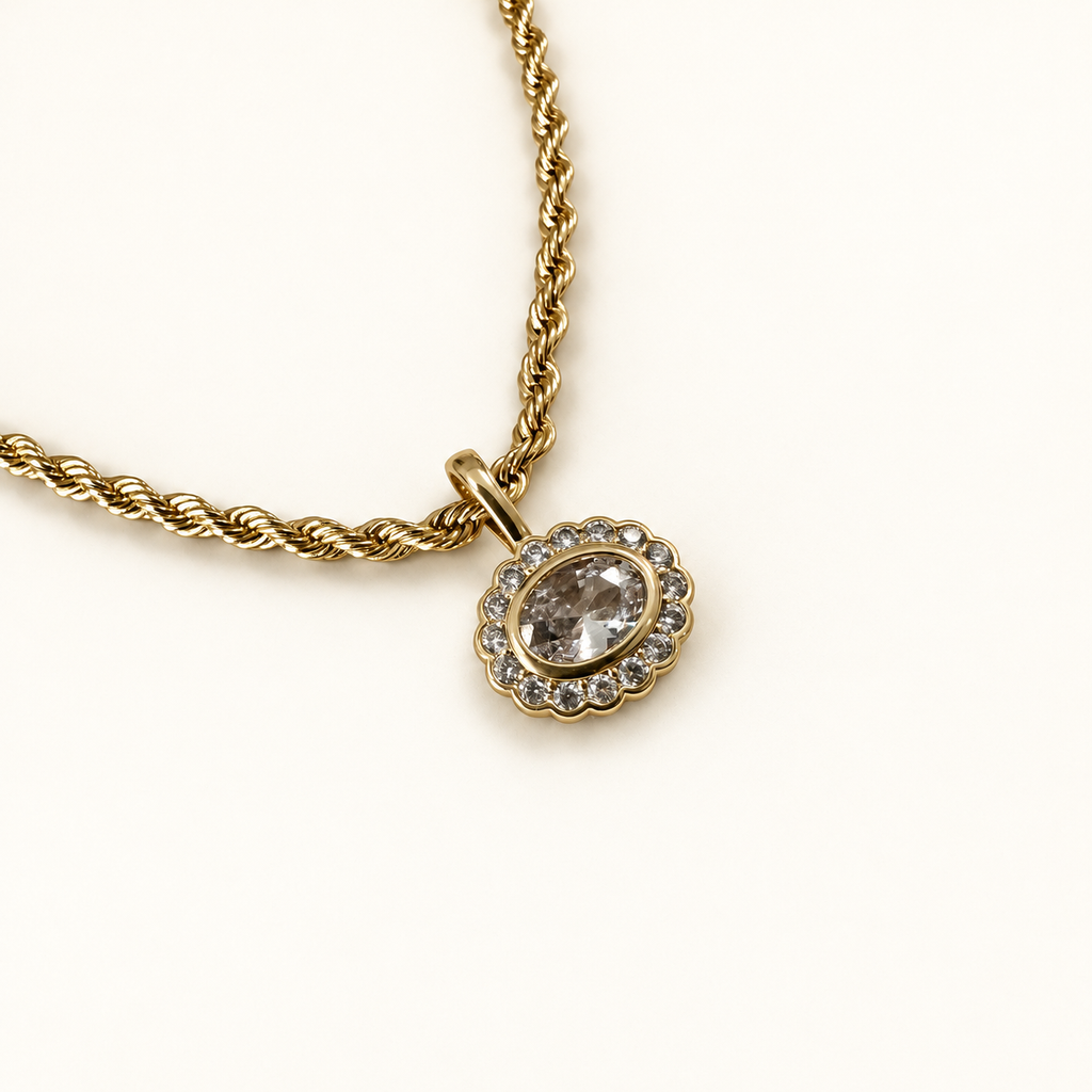 East-West Oval Halo Necklace – Crystal Clear