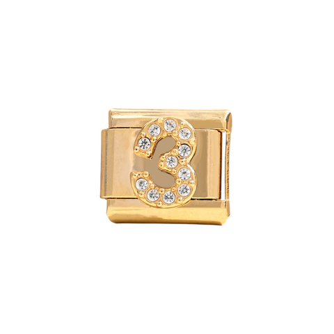Gold Number 3 Crystal Charm