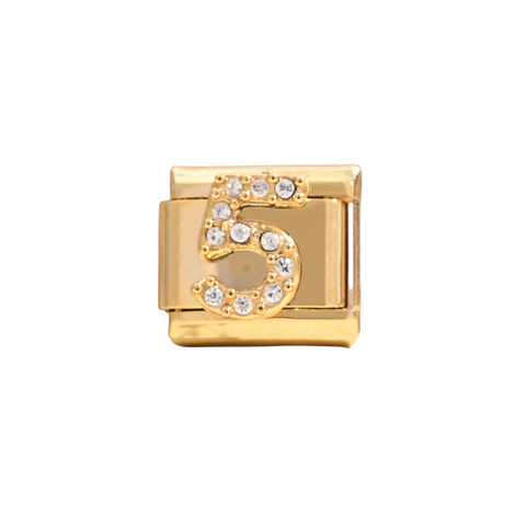 Gold Number 5 Crystal Charm