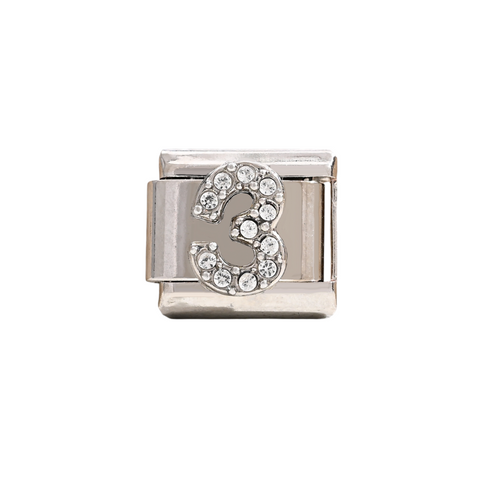 Silver Number 3 Crystal Charm
