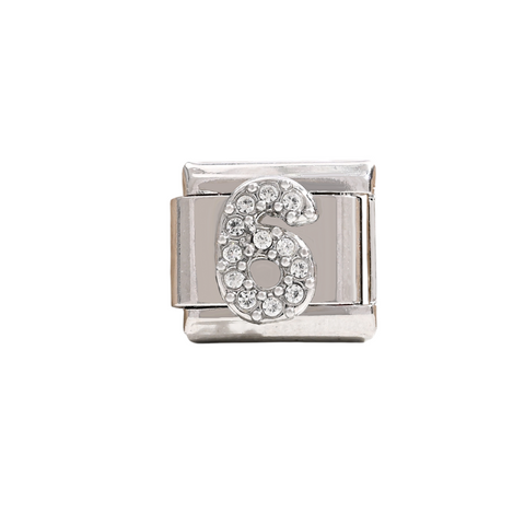 Silver Number 6 Crystal Charm